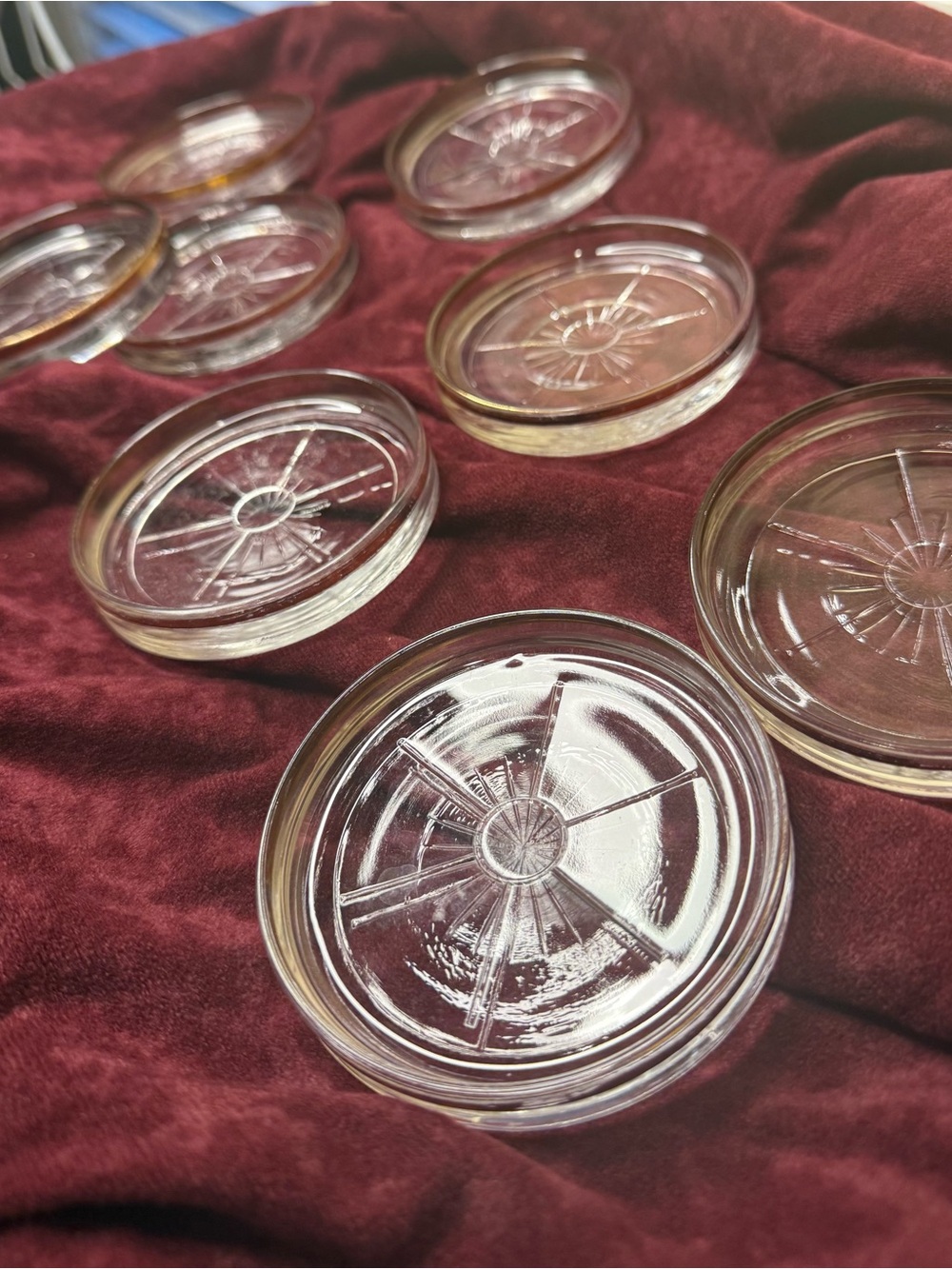 Set of 8 Vintage Atomic Sunburst Starburst Glass Coasters with Gold Trim #Bar